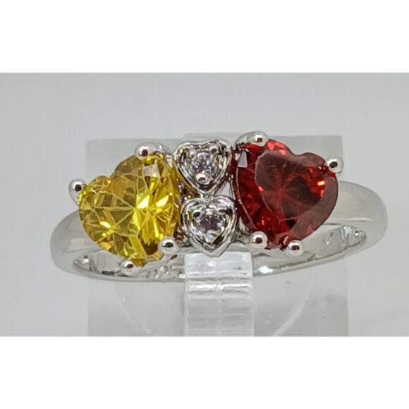 Vintage Ring Size 10.5 Silver Tone White Gold Plated Purple Yellow CZ Hearts - Picture 3 of 10